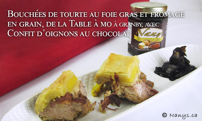 Bouchées de tourte au foie gras et fromage en grain, avec Confit d'oignons au chocolat